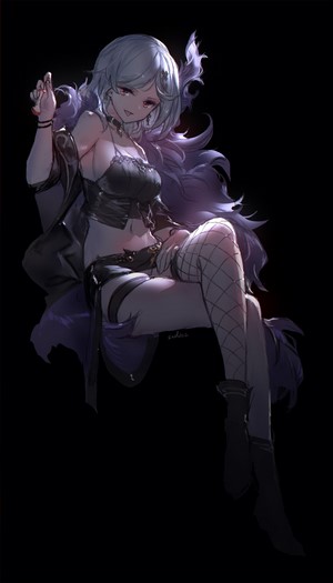 Anime girl with purple hair and black outfit