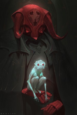 Creature with red eyes held by a figure with red horns
