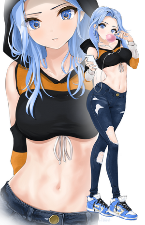 Anime girl with blue hair and ripped jeans