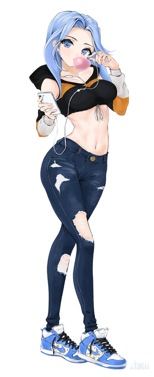 Anime girl with blue hair chewing bubble gum and holding a smartphone