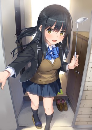 Anime girl in school uniform holding a ladle
