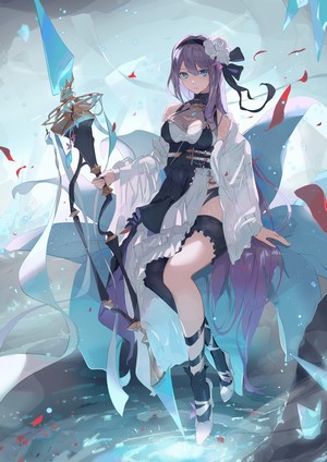 Anime girl with purple hair and blue eyes holding a staff