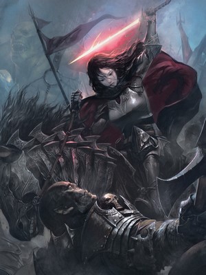 Fantasy battle with a female knight on horseback