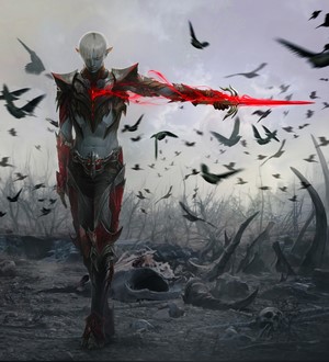 Fantasy art of a pale elf with red armor and a bloody sword