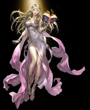 Blonde magician woman with pink dress and book