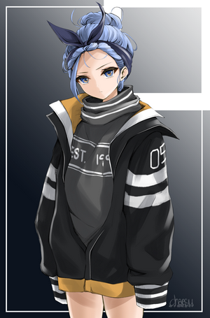 Anime girl with blue hair and blue eyes wearing a jacket