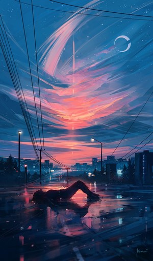 Artwork of a person lying on a wet street during sunset