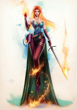 Elf magician with fire and sword