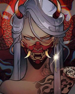 Oni Girl with Samurai Mask and Horns