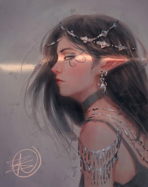 Fantasy Elf Girl with Dark Hair and Ornate Headdress