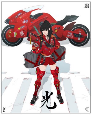 Cyberpunk bounty hunter with red motorcycle