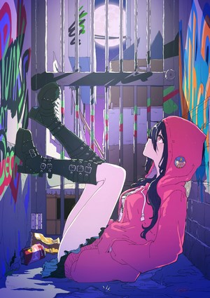 Anime girl in hooded jacket and boots in alley