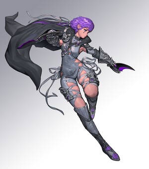 Anime girl with purple hair and cape holding knives
