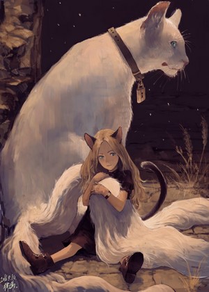 Girl with cat ears and a giant white cat