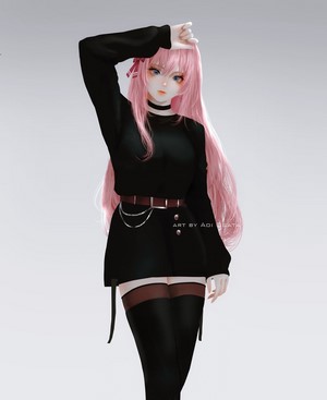 Anime girl with pink hair and black outfit