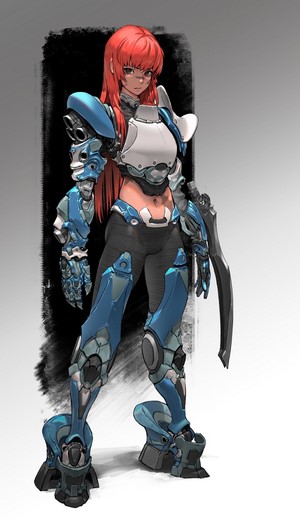 Artwork of a female cyborg with red hair