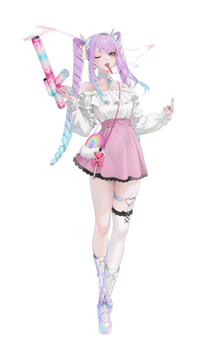 Anime girl with purple twintails holding candy guns