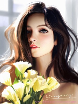 Artwork of a woman holding yellow flowers by Liang Xing