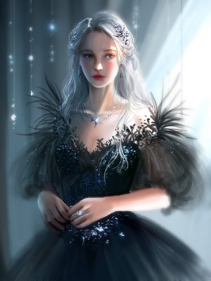 Digital painting of a woman with white hair in a black dress