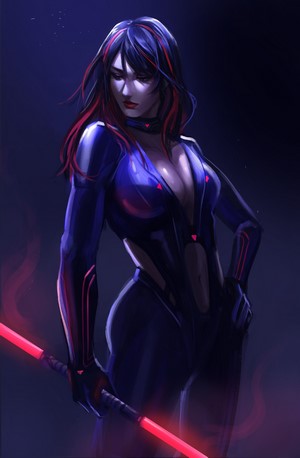Woman in dark suit holding a lightsaber