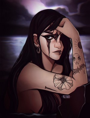 Artwork of a woman with dark hair and tattoos