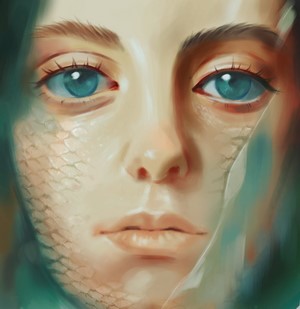 Portrait of a woman with blue eyes and scales