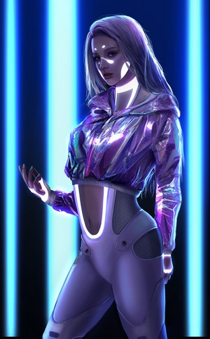 Woman in pink jacket and futuristic outfit with neon lights