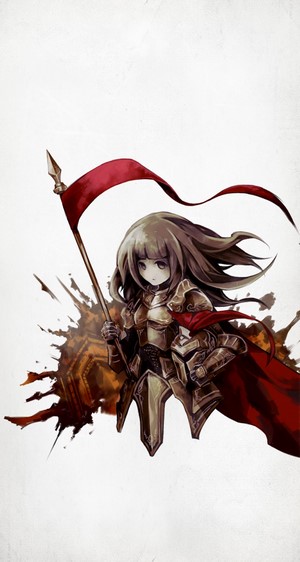 Girl in armor holding a banner from Deemo