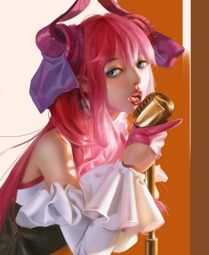 Woman with pink hair singing into a microphone