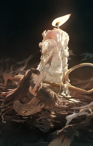 Anime girls crying by a melting candle in the rain