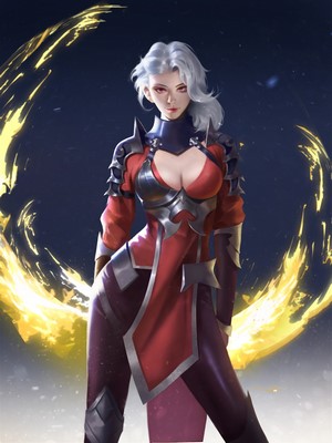 Woman with white hair and red armor