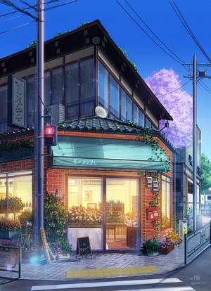 Anime store with flowers and traffic light