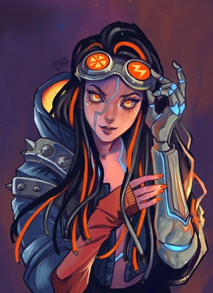 Cyborg woman with goggles and robotic arm