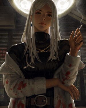Woman smoking in a bloody lab coat