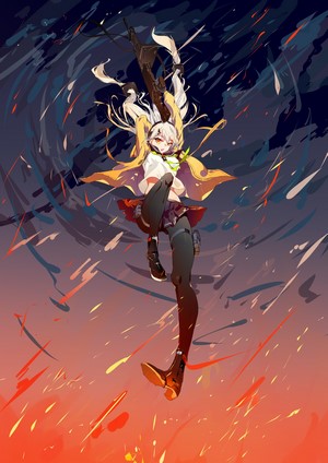 Anime girl with gun falling in fire