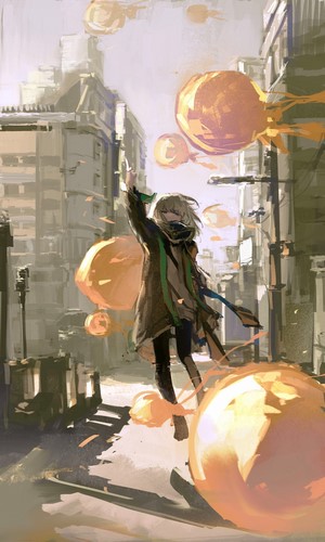 Anime girl with orange orbs in a city