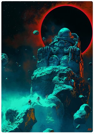 Artwork of astronauts exploring a statue in space