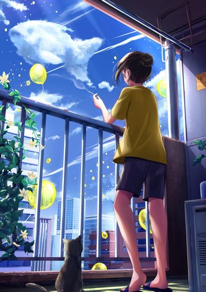 Anime girl on balcony with cat and balloons