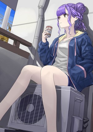 Anime girl with purple hair holding a drink
