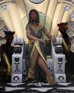Woman on throne with cat and panther statues