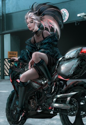 Akali from League of Legends on a motorcycle