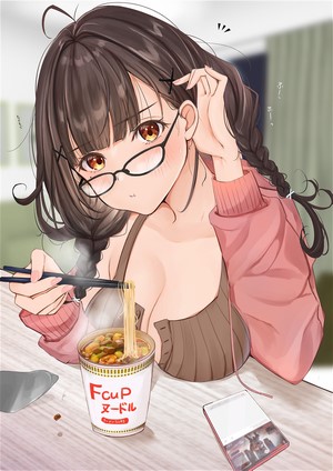 Anime girl with glasses eating cup noodles