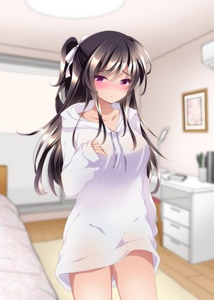Anime girl with dark hair and purple eyes in a hoodie