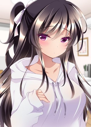 Anime girl with long dark hair and purple eyes