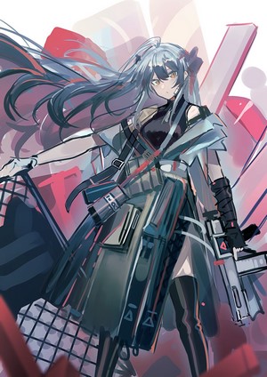 Anime girl with long grey hair and guns from Arknights