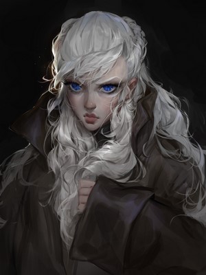 Portrait of a young woman with white hair and blue eyes