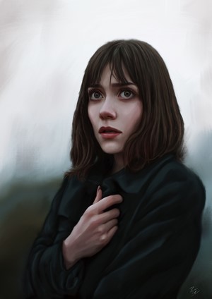 Digital painting of a woman with short brown hair and a black coat