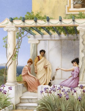 Classical Greek scene with people and a cat
