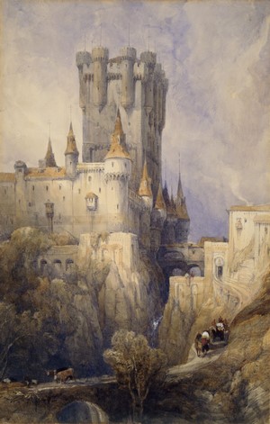 Watercolor painting of a medieval castle on a rocky cliff