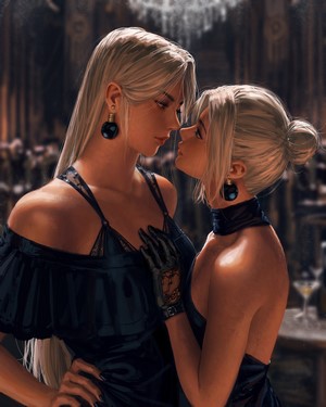 Two blonde women in black dresses at a formal event